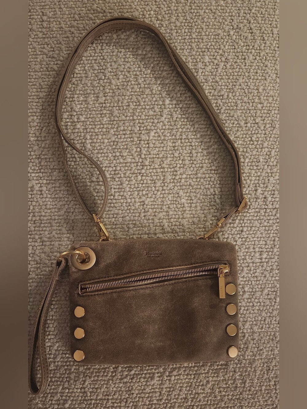 Hammitt "Nash" Taupe Suede Crossbody Bag with Gold Accents